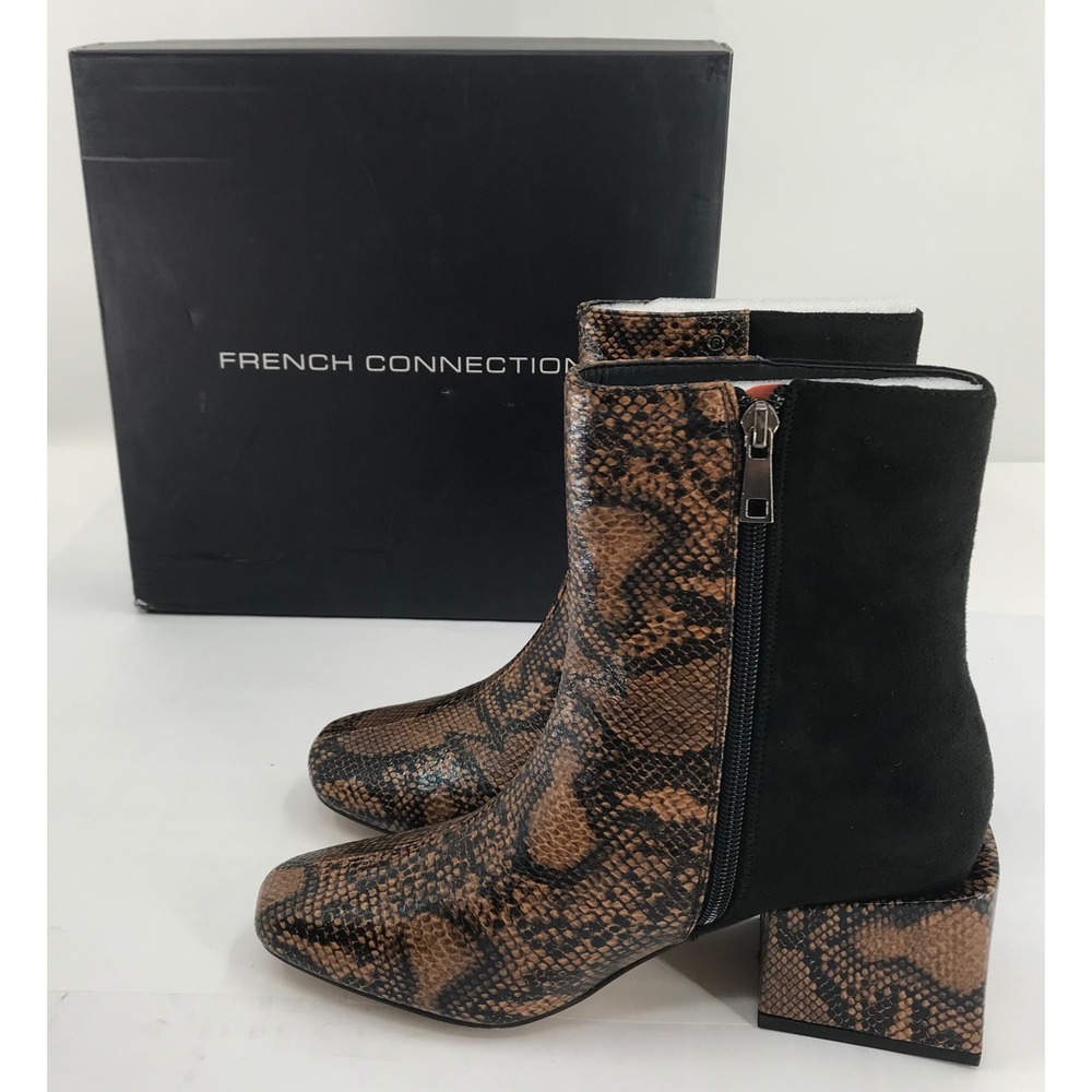French Connection Snakeskin Print Ankle Boots Black Suede Block Heel Square Toe